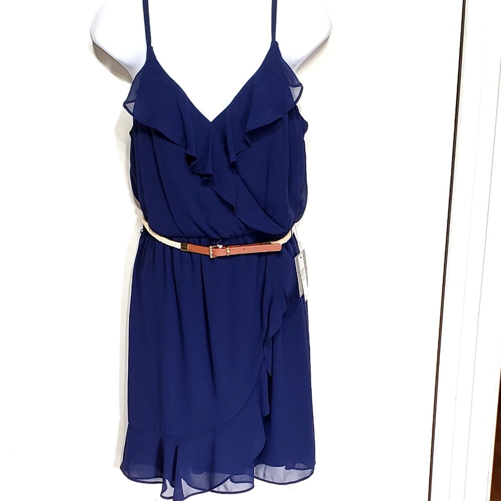 IZ Byer Navy Blue Dress M Belted Spaghetti Strap